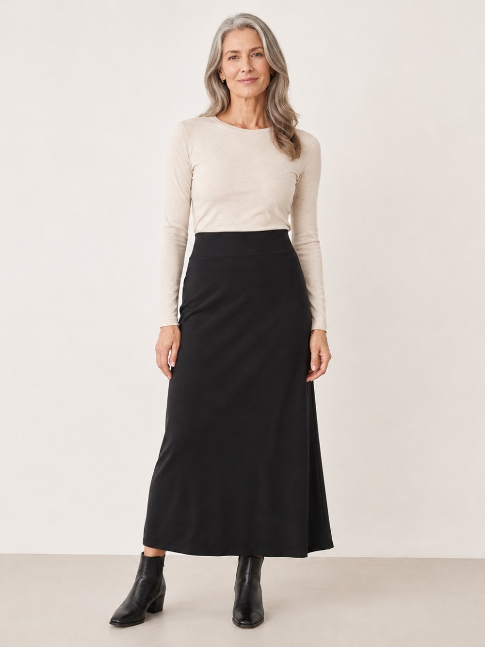Eileen Fisher Black Stretch Tencel Midi Skirt Womens M Pull On Minimalist